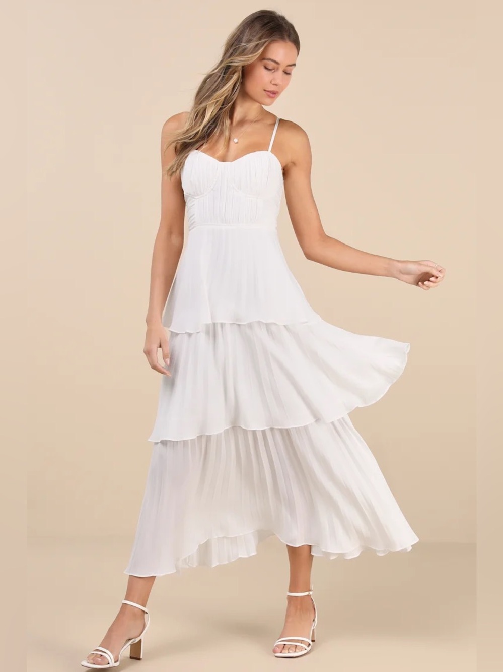 Lulu's Cascading Crush White Tiered Midi Dress